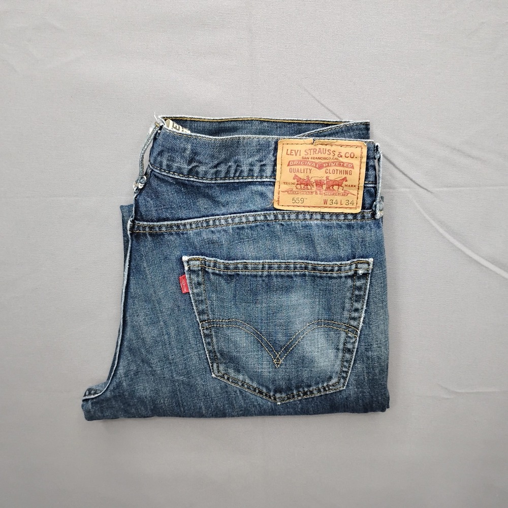 Levis 559 Relaxed Straight Leg Mens Blue Denim Jeans 34x34 Distressed